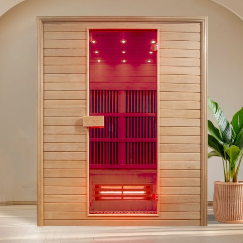 Wooden sauna door with red interior light in a room with a plant.