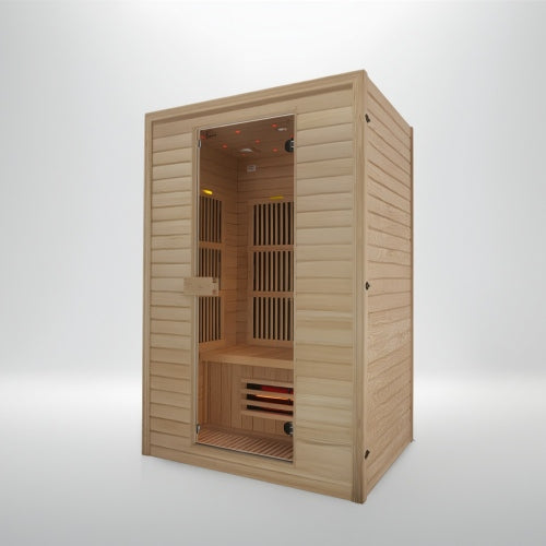 Wooden sauna with open door on a white background