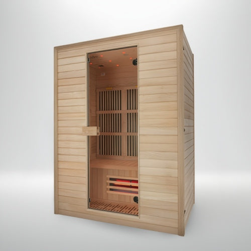Wooden sauna with open door on a white background